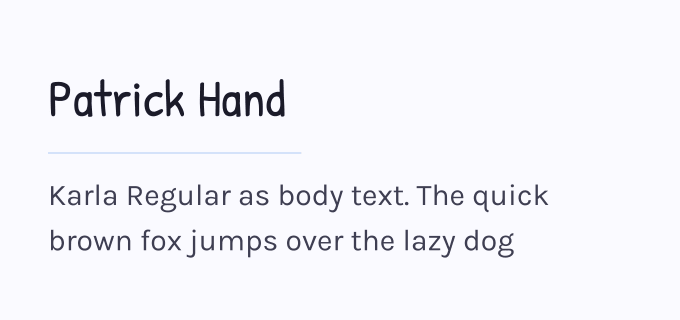 Patrick Hand + Karla font pairing preview