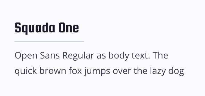 Squada One + Open Sans font pairing preview